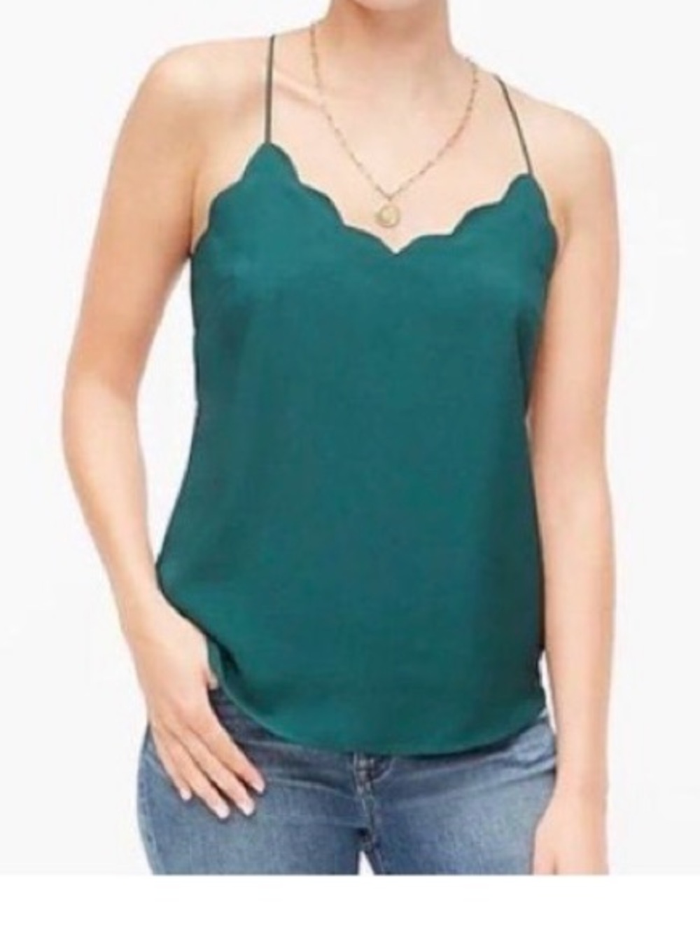 J. Crew Emerald Green Scalloped V-Neck Spaghetti Strap Cami sz 2 Classic chic